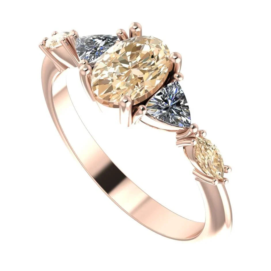 Overhead angle of Maisie champagne diamond ring in 18ct rose gold showing stone arrangement