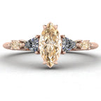 Maisie marquise champagne diamond engagement ring in 18ct rose gold, front view showing the elegant marquise diamond and delicate rose gold setting, handmade in our London studio