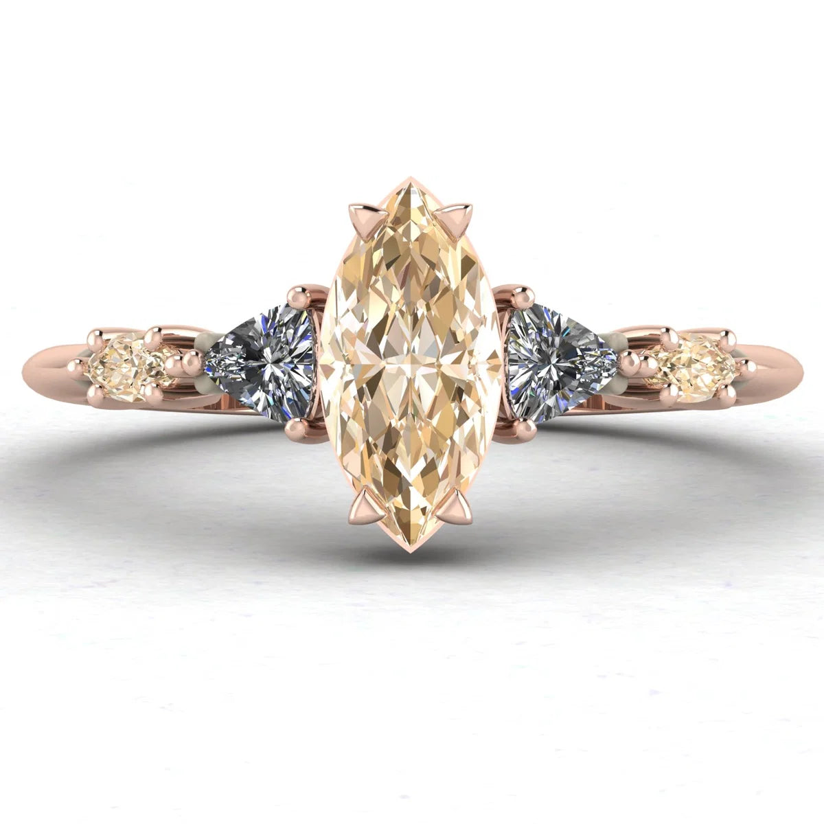 Maisie marquise champagne diamond engagement ring in 18ct rose gold, front view showing the elegant marquise diamond and delicate rose gold setting, handmade in our London studio