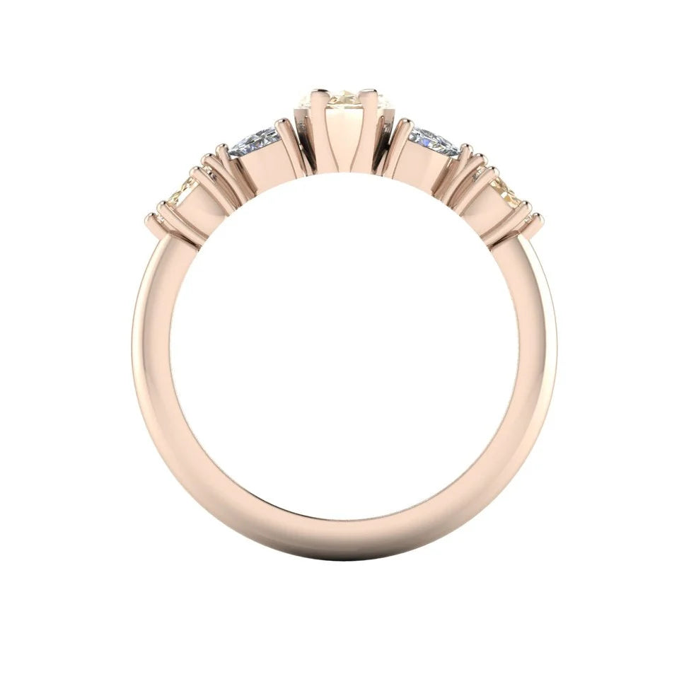 Maisie marquise champagne diamond engagement ring in 18ct rose gold, through-finger view showing the open gallery and marquise diamond setting, handmade in our London studio