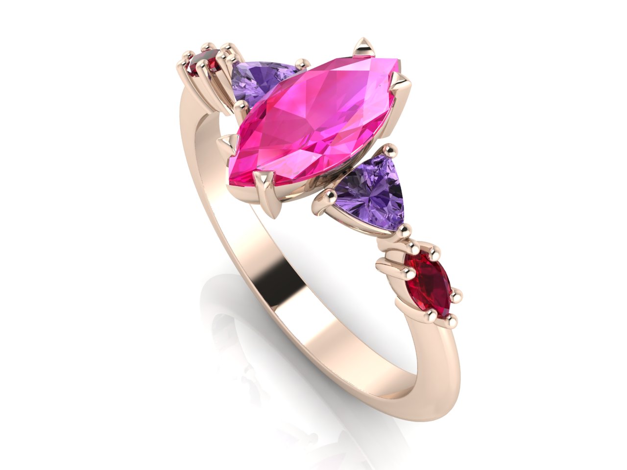 Maisie Marquise Pink Sapphire, Violet Sapphire & Ruby Ring in 18ct Rose Gold