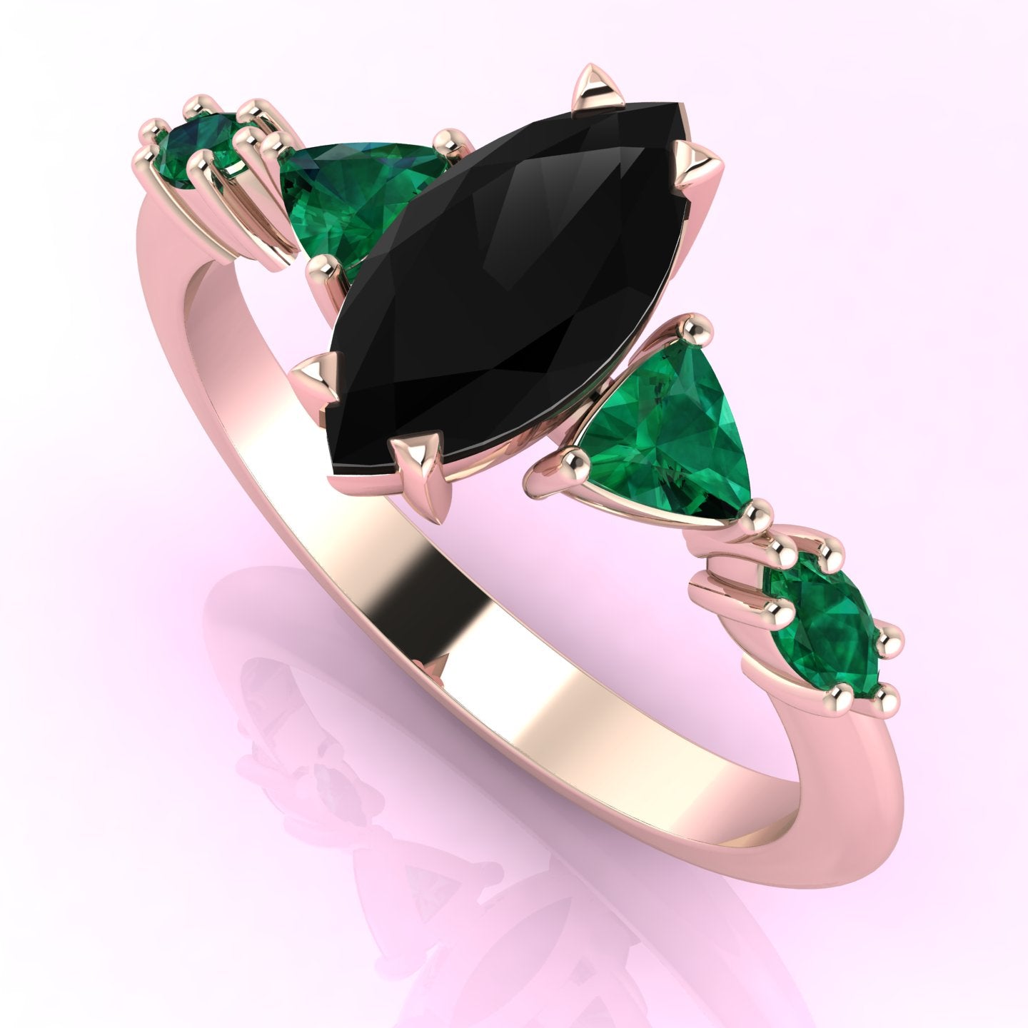 Maisie Marquise Black Diamond & Emerald Ring in 18ct Rose Gold