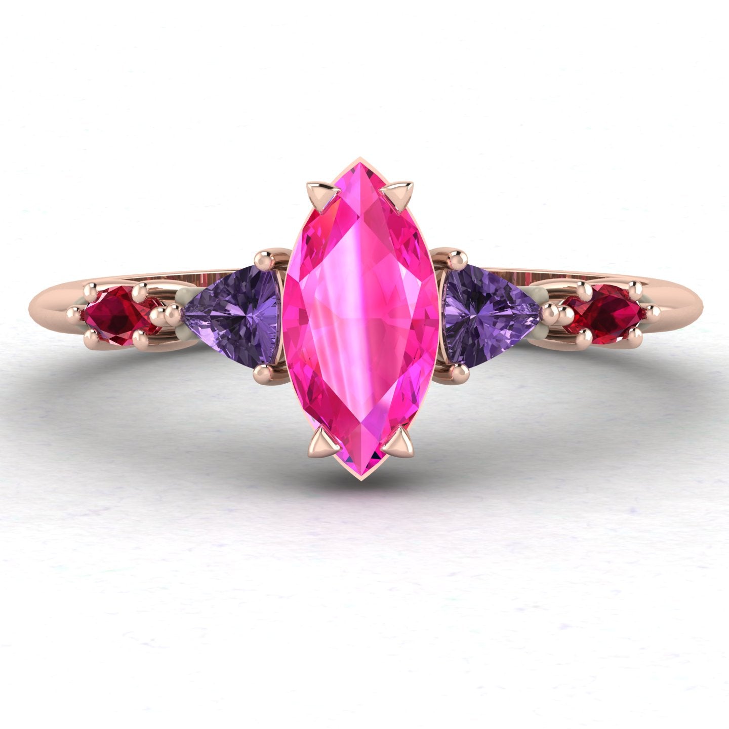 Maisie Marquise Pink Sapphire, Violet Sapphire & Ruby Ring in 18ct Rose Gold