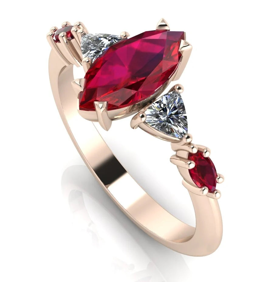Maisie marquise ruby and diamond engagement ring in 18ct rose gold, three-quarter angle view showing stone arrangement