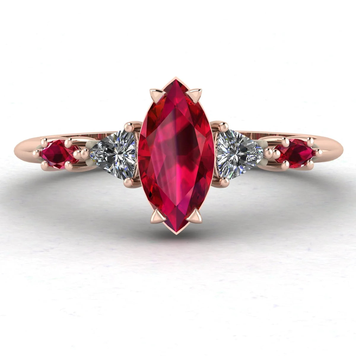 Maisie marquise ruby and diamond five-stone engagement ring in 18ct rose gold, front view