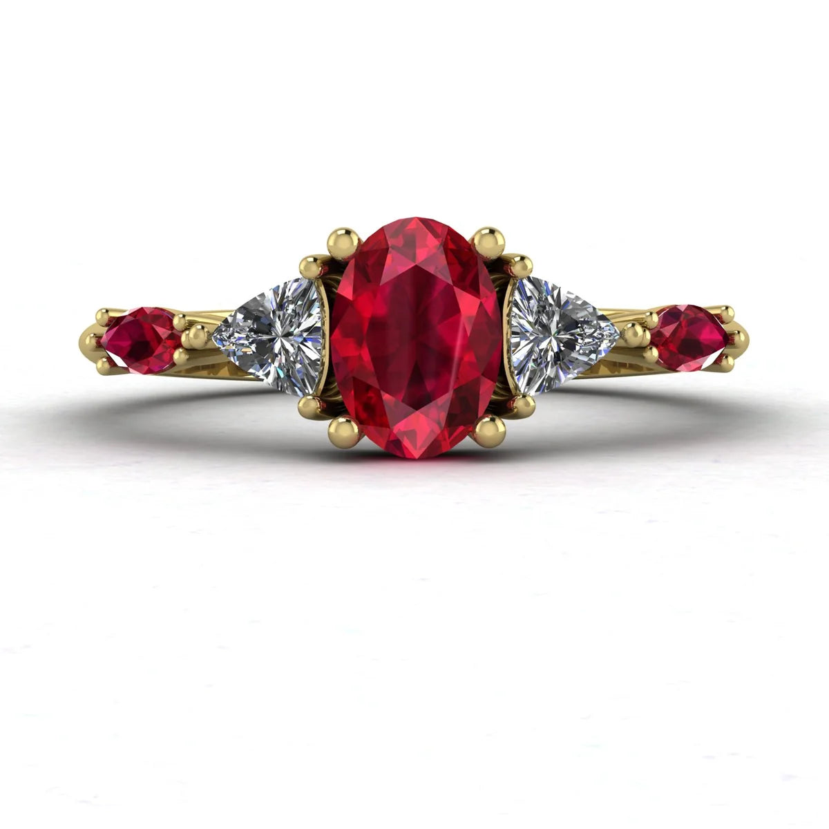 Maisie oval ruby and diamond five stone engagement ring in 18ct yellow gold, front view