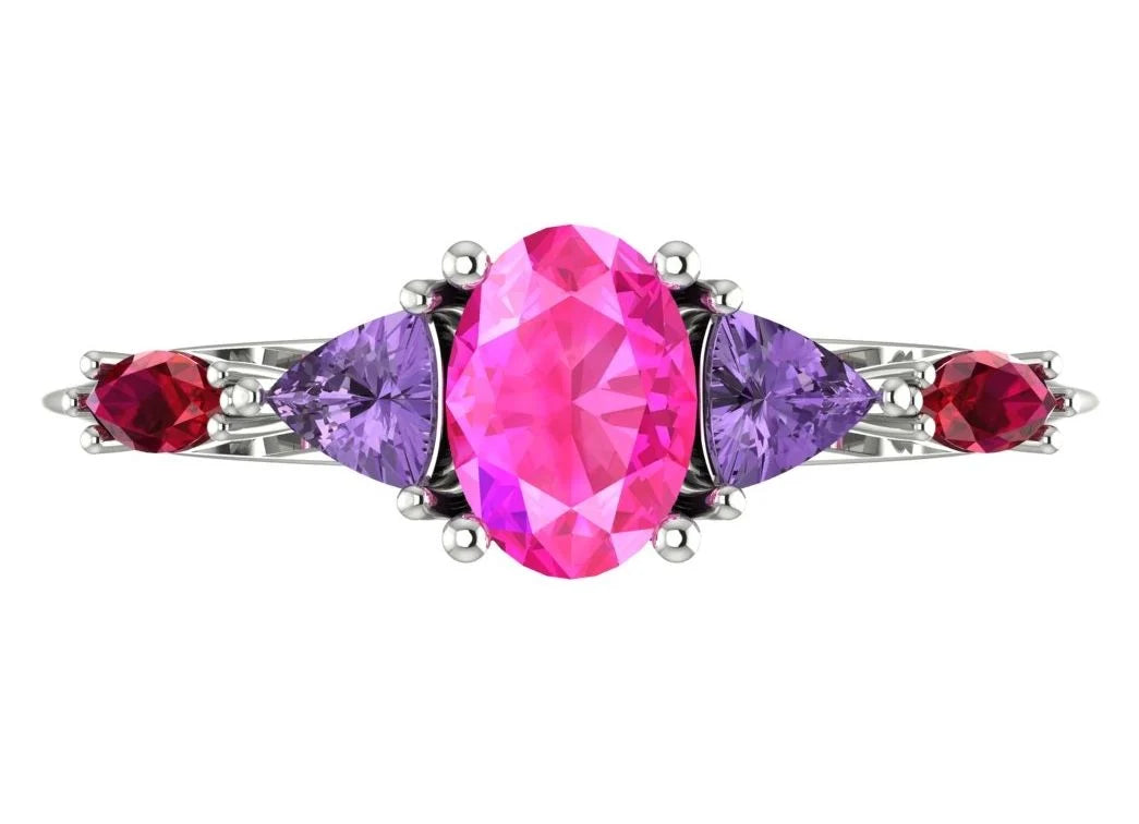Maisie Oval Pink Sapphire, Violet Sapphire & Ruby Ring in White Gold or Platinum