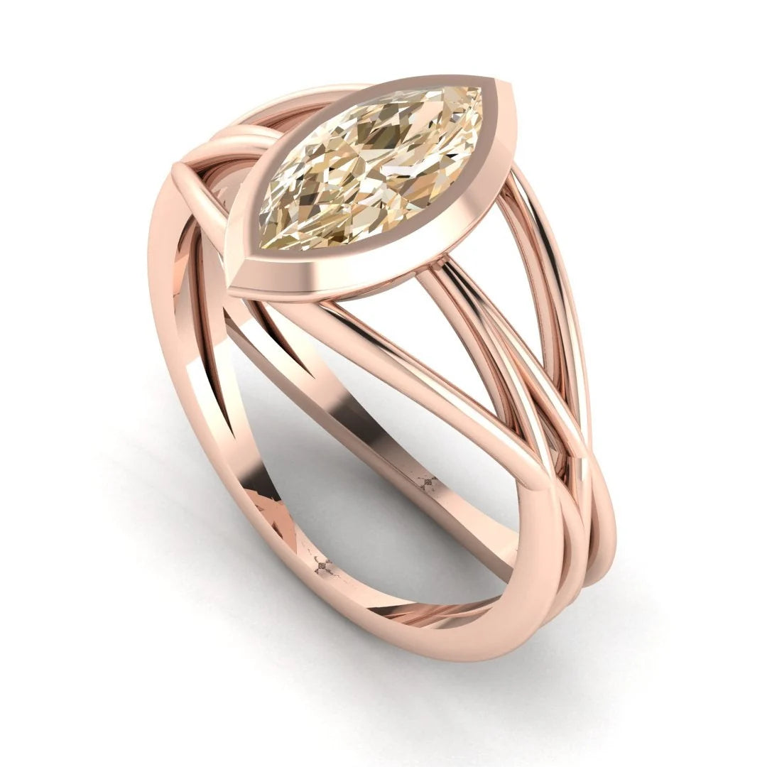 Infinity marquise champagne diamond ring in 18ct rose gold, profile view showing the warm tonal combination of cognac diamond and blush rose gold wrap band, handmade in our London studio