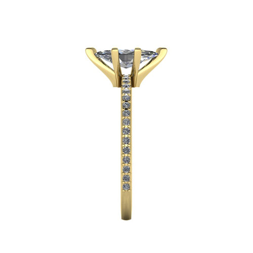 Close-up side view of the 18ct yellow gold Amoret ring highlighting the secure claw setting for the marquise diamond.