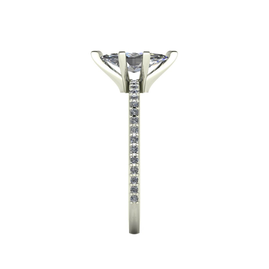 Close-up side view of the Amoret ring highlighting the secure claw setting for the sustainable marquise diamond in platinum or white gold.