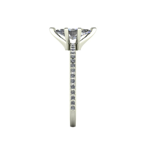 Close-up side view of the Amoret ring highlighting the secure claw setting for the sustainable marquise diamond in platinum or white gold.