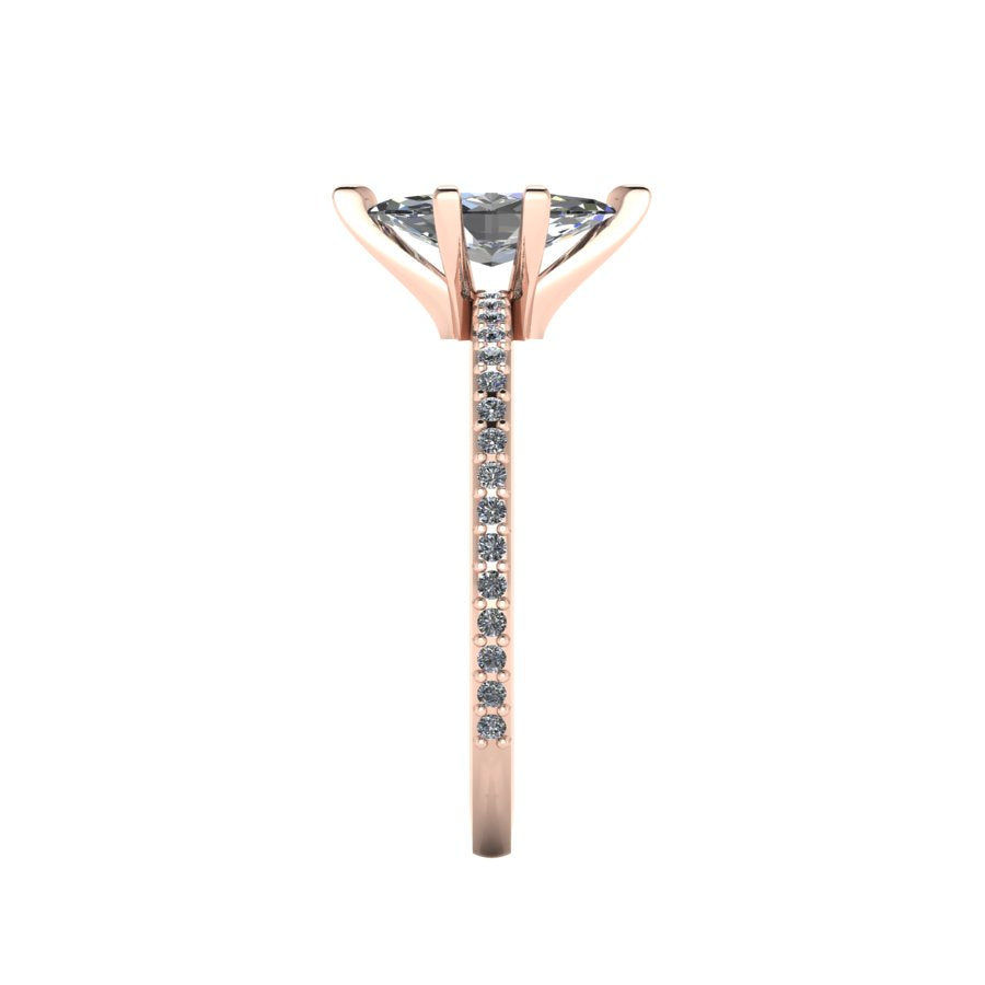 Close-up side view of the 18ct rose gold Amoret ring highlighting the secure claw setting for the central lab-grown diamond.