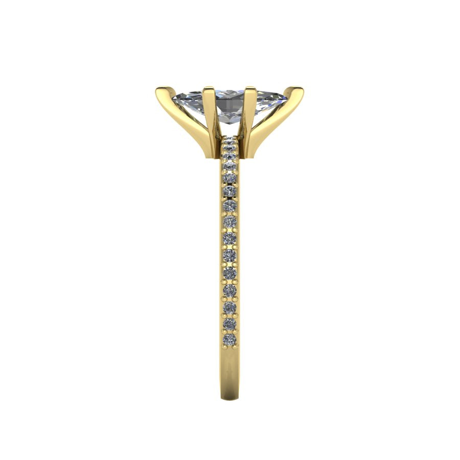 Close-up side view of the 18ct yellow gold Amoret ring highlighting the secure claw setting for the sustainable marquise diamond.