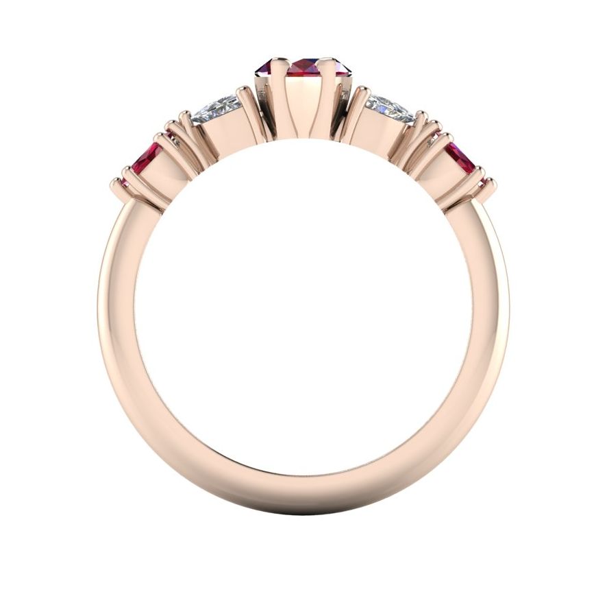 Side profile of Maisie marquise ruby engagement ring in 18ct rose gold showing band and stone height