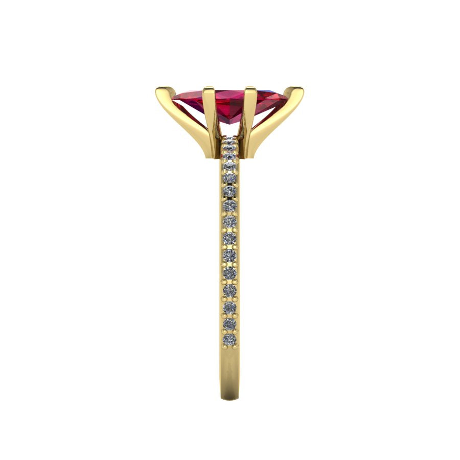 Close-up side view of the 18ct yellow gold Amoret ring highlighting the secure claw setting for the ruby and diamond-set shoulders.