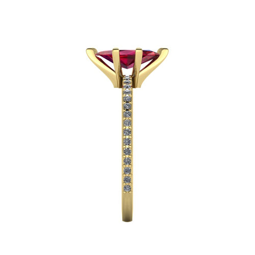 Close-up side view of the 18ct yellow gold Amoret ring highlighting the secure claw setting for the ruby and diamond-set shoulders.