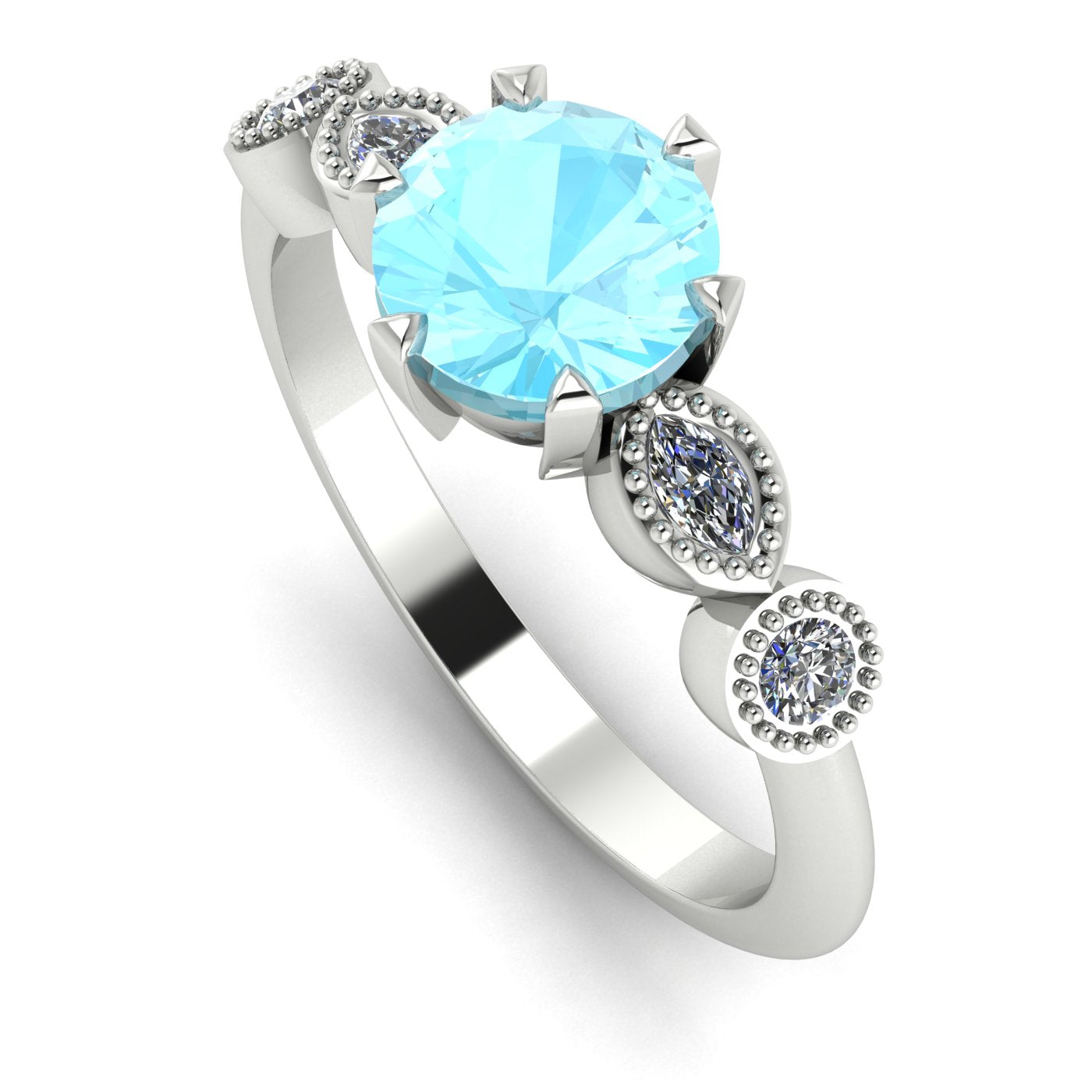 milena round aquamarine and diamond 6 claw engagement ring