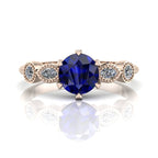 The Milena blue sapphire and rose gold ring, 6 claws and dainty diamonds.