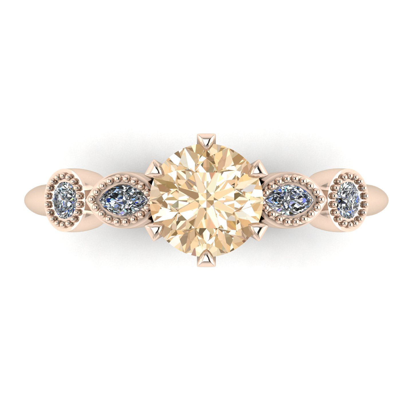 Milena champagne diamond and white diamonds rose gold engagement ring top view.