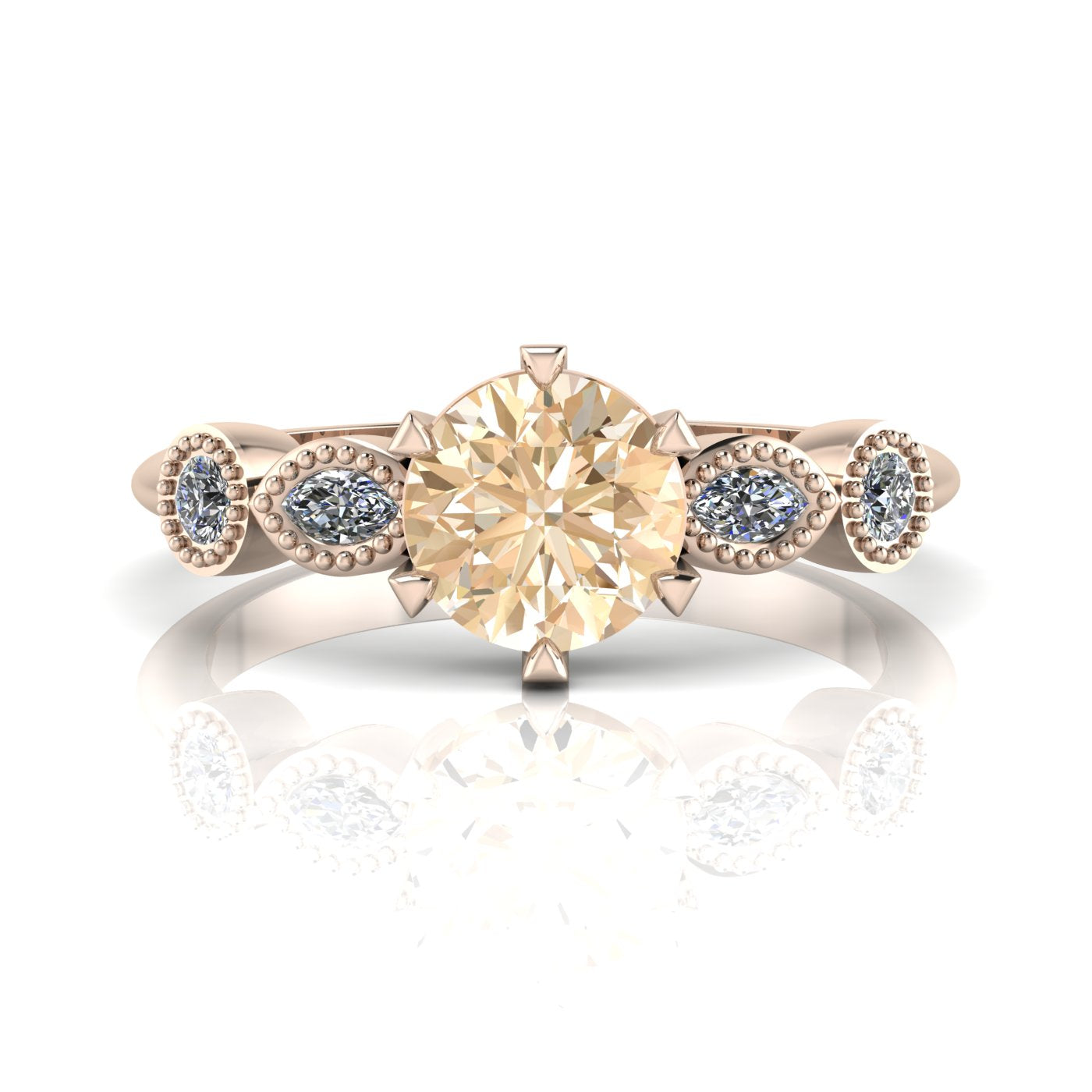 Rose gold ring with a large champagne diamond and small white marquise diamonds on a white background