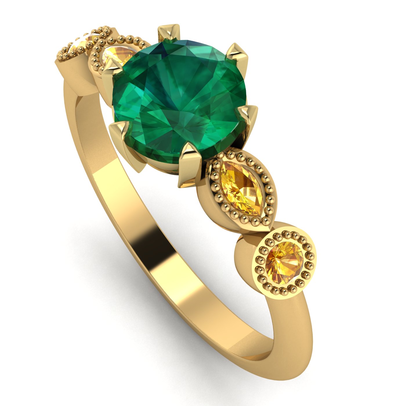 Profile view of the Milena emerald and yellow sapphire engagement ring showing the beaded sapphire setting detail in 18ct yellow gold