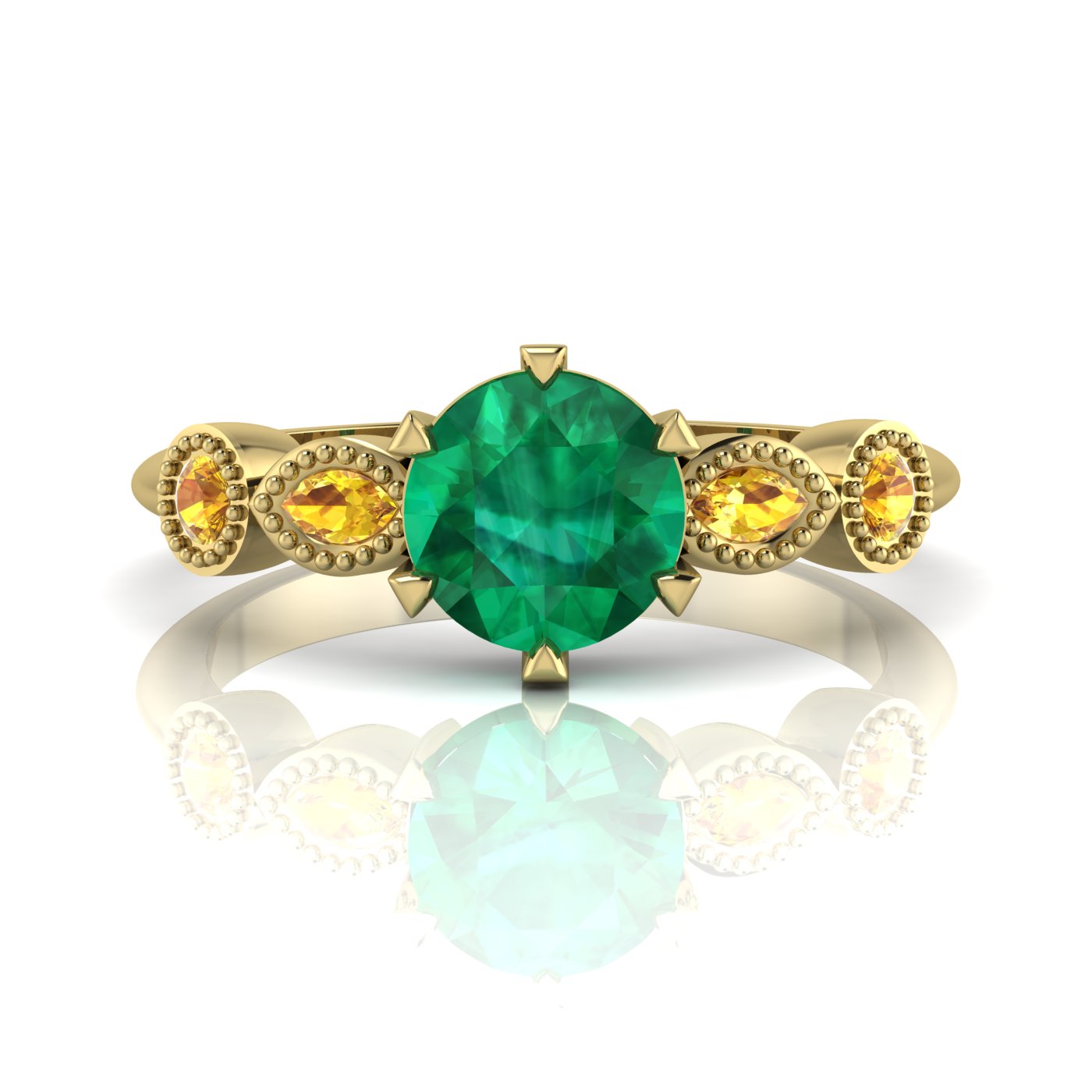 Milena five-stone engagement ring in 18ct recycled yellow gold with vivid emerald centre and yellow sapphire shoulders, by Nude Jewellery