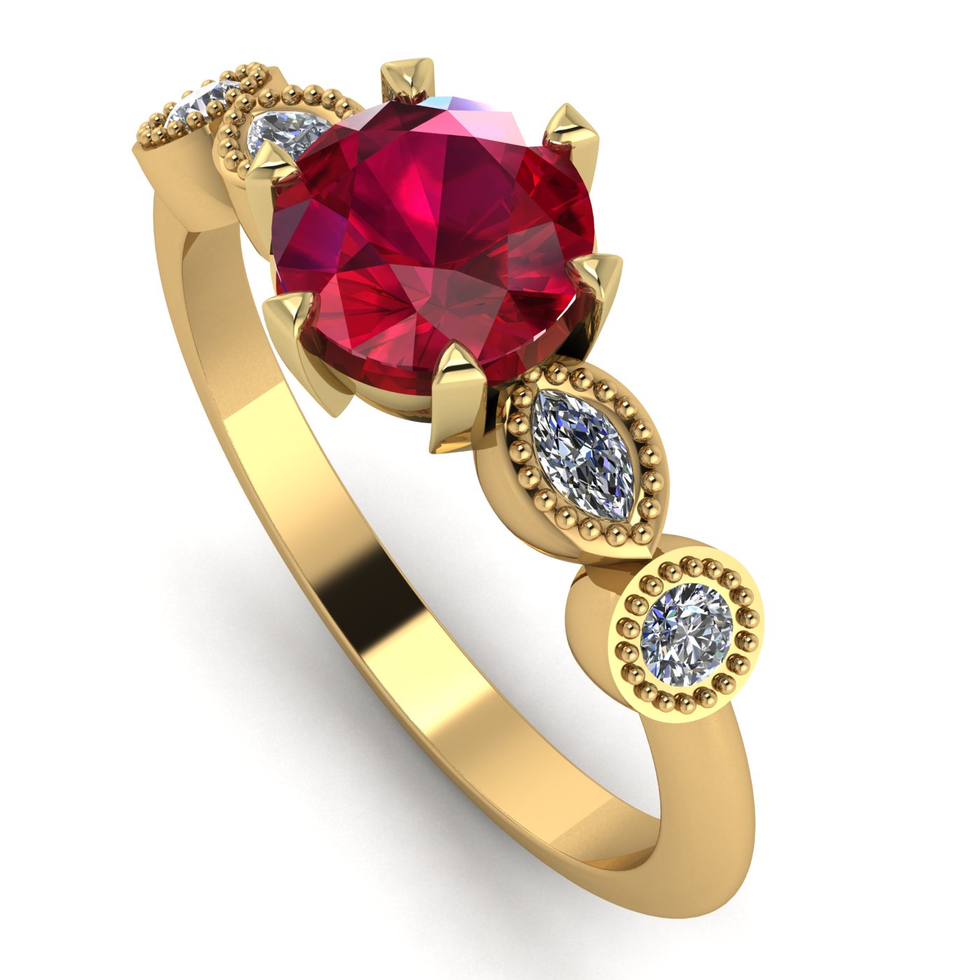 Profile view of the Milena ruby and diamond engagement ring showing the beaded diamond setting detail in 18ct yellow gold