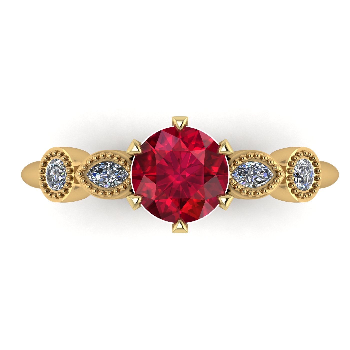 Top-down view of the Milena engagement ring showing the vivid ruby centre stone and four diamond side stones in 18ct yellow gold