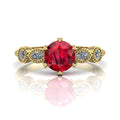 Milena five-stone engagement ring in 18ct recycled yellow gold with ruby centre and diamond shoulders, by Nude Jewellery