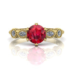 Milena five-stone engagement ring in 18ct recycled yellow gold with ruby centre and diamond shoulders, by Nude Jewellery