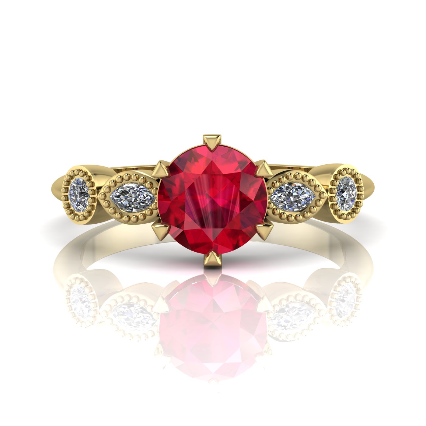 Milena five-stone engagement ring in 18ct recycled yellow gold with ruby centre and diamond shoulders, by Nude Jewellery