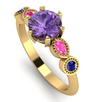 Profile view of the Milena violet sapphire engagement ring showing the beaded sapphire setting detail in 18ct yellow gold