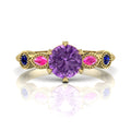 Milena five-stone engagement ring in 18ct recycled yellow gold with violet sapphire centre, pink and blue sapphire shoulders, by Nude Jewellery