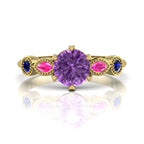 Milena five-stone engagement ring in 18ct recycled yellow gold with violet sapphire centre, pink and blue sapphire shoulders, by Nude Jewellery