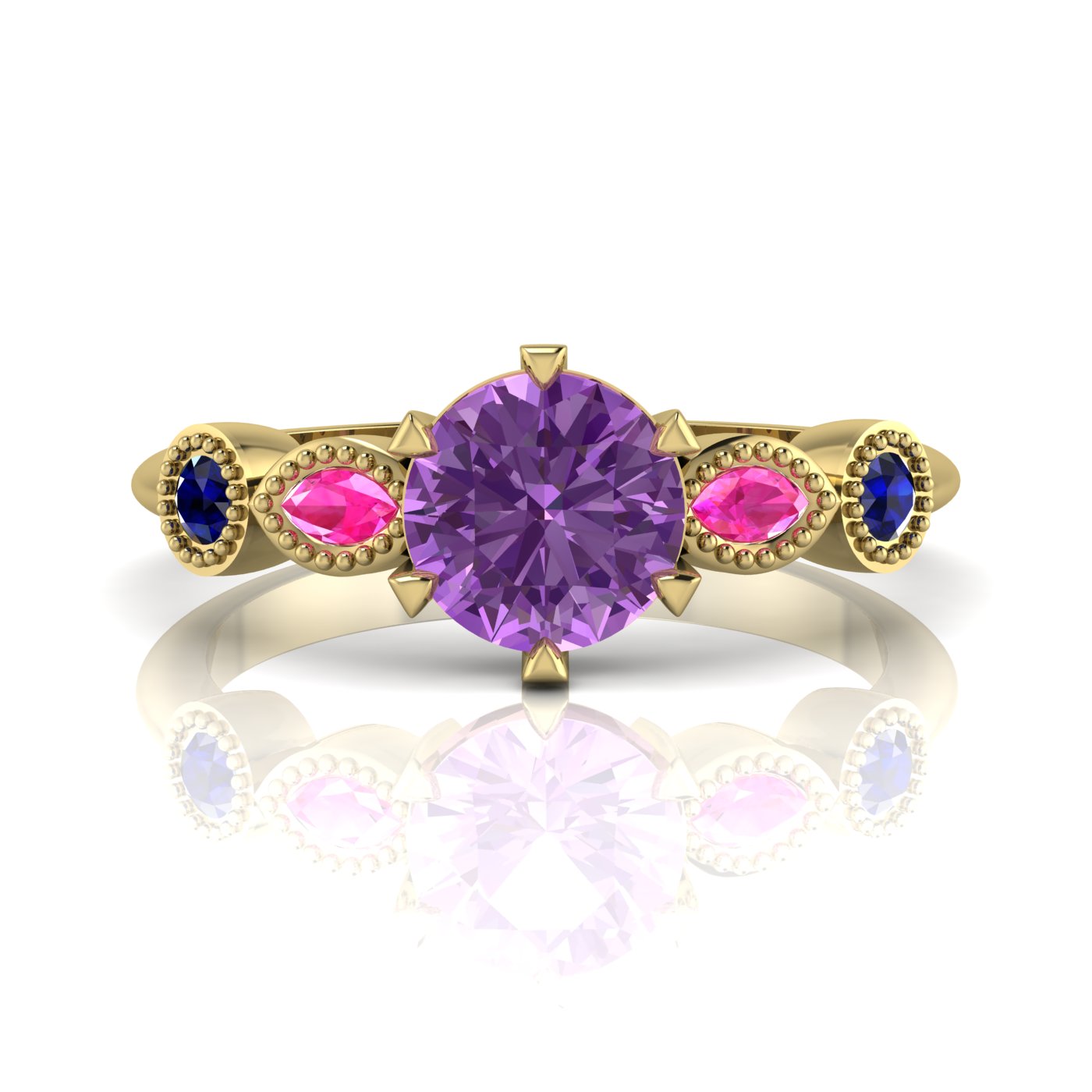 Milena five-stone engagement ring in 18ct recycled yellow gold with violet sapphire centre, pink and blue sapphire shoulders, by Nude Jewellery