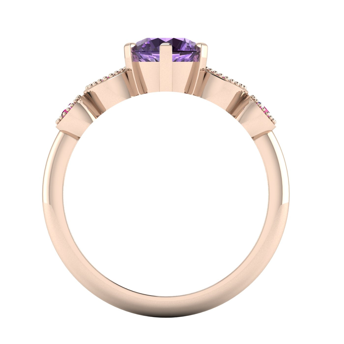 milena violet and pink sapphire rose gold engagement ring through finger