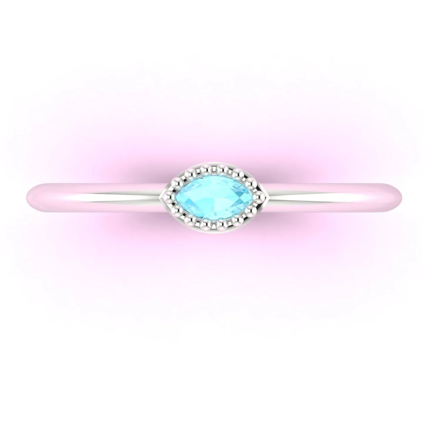 Top view of Mini Astraea horizontal marquise aquamarine ring in 18ct white gold or platinum.