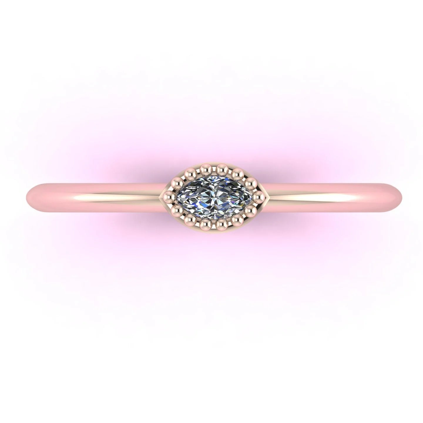 Top view of Mini Astraea 18ct rose gold ring featuring a horizontally set marquise-cut diamond.