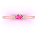 Top view of Mini Astraea 18ct rose gold ring featuring a horizontally set marquise-cut pink sapphire.