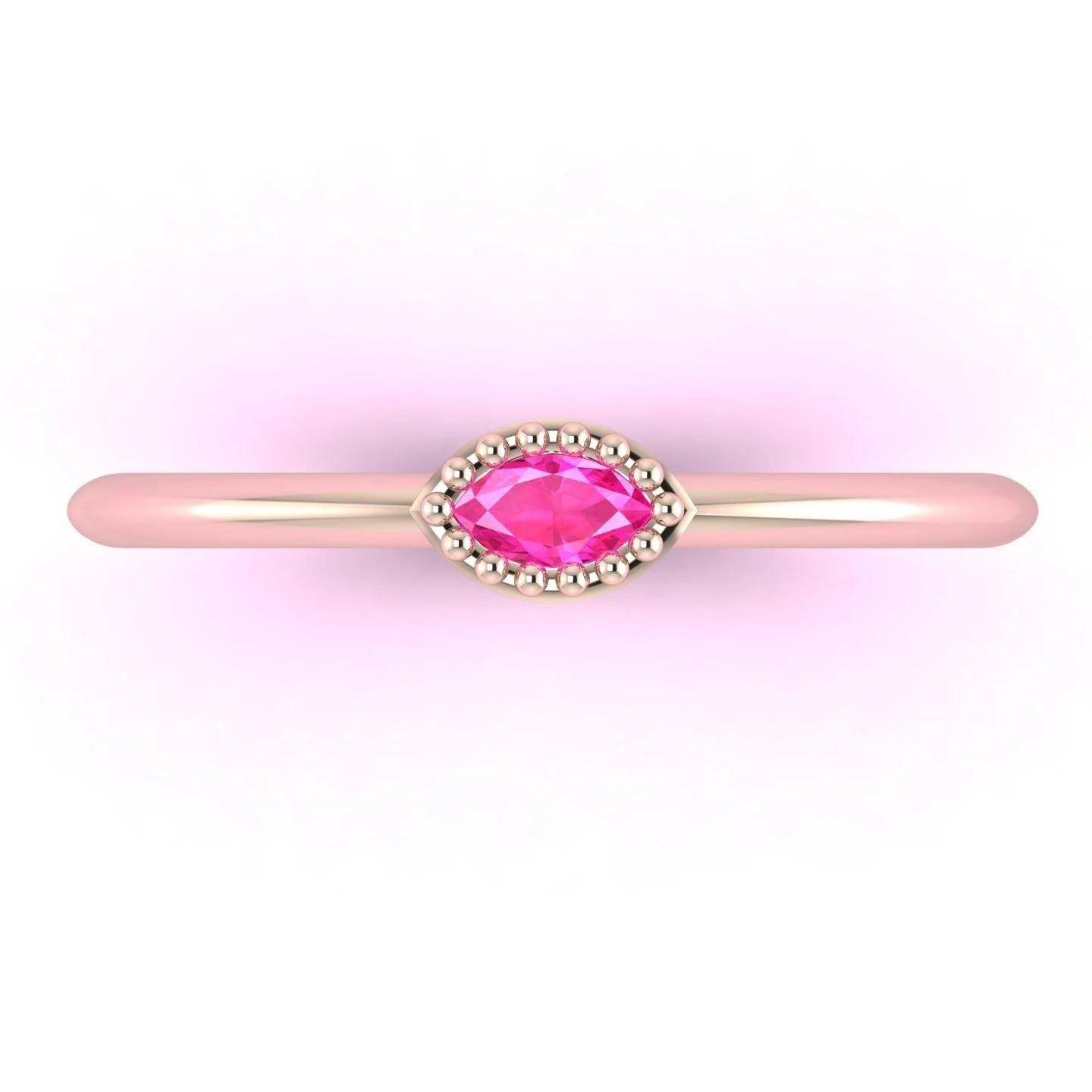 Top view of Mini Astraea 18ct rose gold ring featuring a horizontally set marquise-cut pink sapphire.