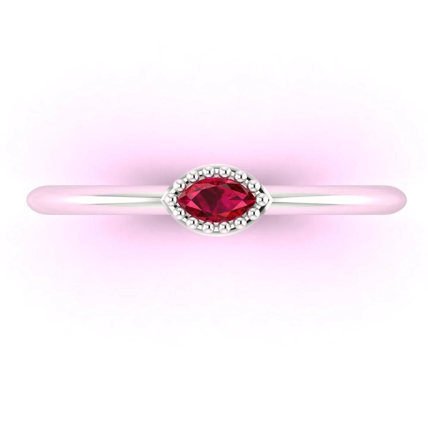 Top view of a dainty marquise ruby ring in 18ct white gold with horizontal stone orientation.