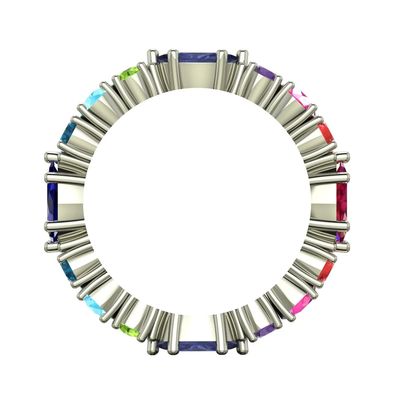 A through-finger view of the Allsorts ring showing the internal band finish and the symmetry of the gemstones.