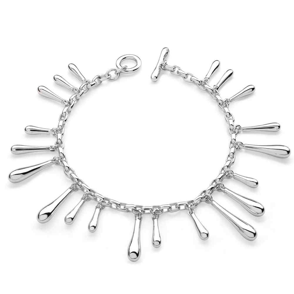 Multi Drip Silver Bracelet on white background — twenty polished sterling silver droplets on rolo chain with T-bar fastening
