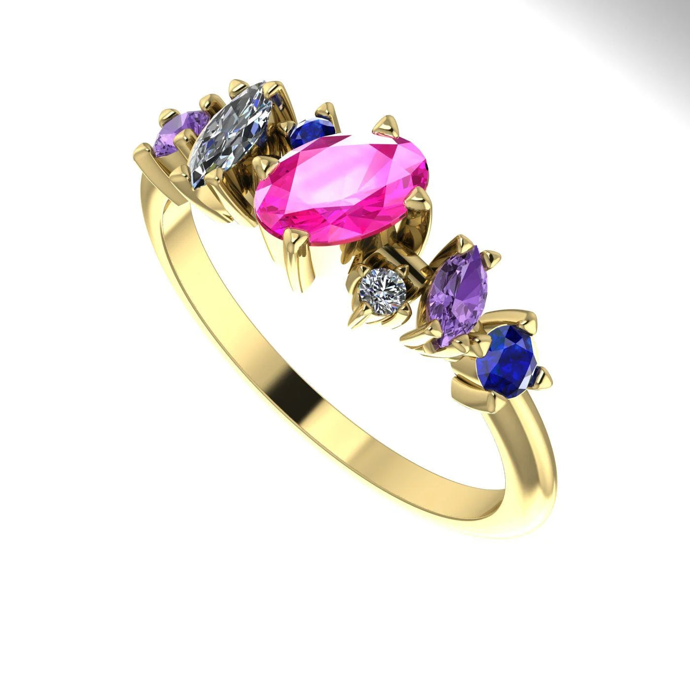 An angled view of the 18ct yellow gold ring highlighting the play of light across the different gemstone facets.