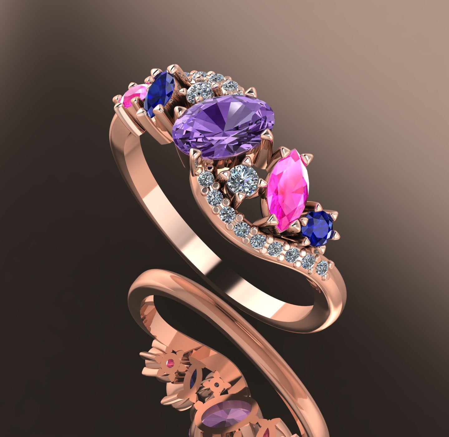 Side view of the wave-inspired 18ct rose gold setting, highlighting the height and arrangement of the multi-coloured sapphire cluster.