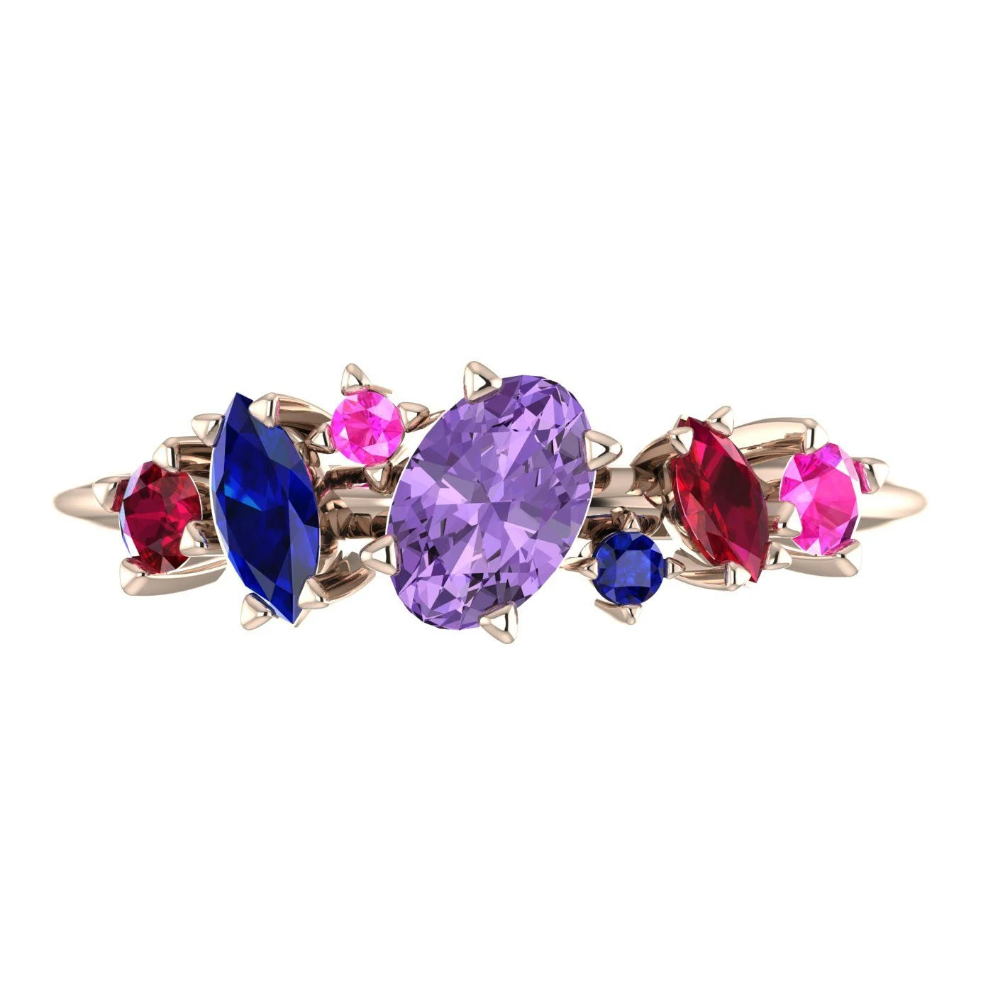 Front view of the 18ct rose gold Atlantis Paradise ring featuring an asymmetrical cluster of violet, pink, and blue sapphires with red rubies.