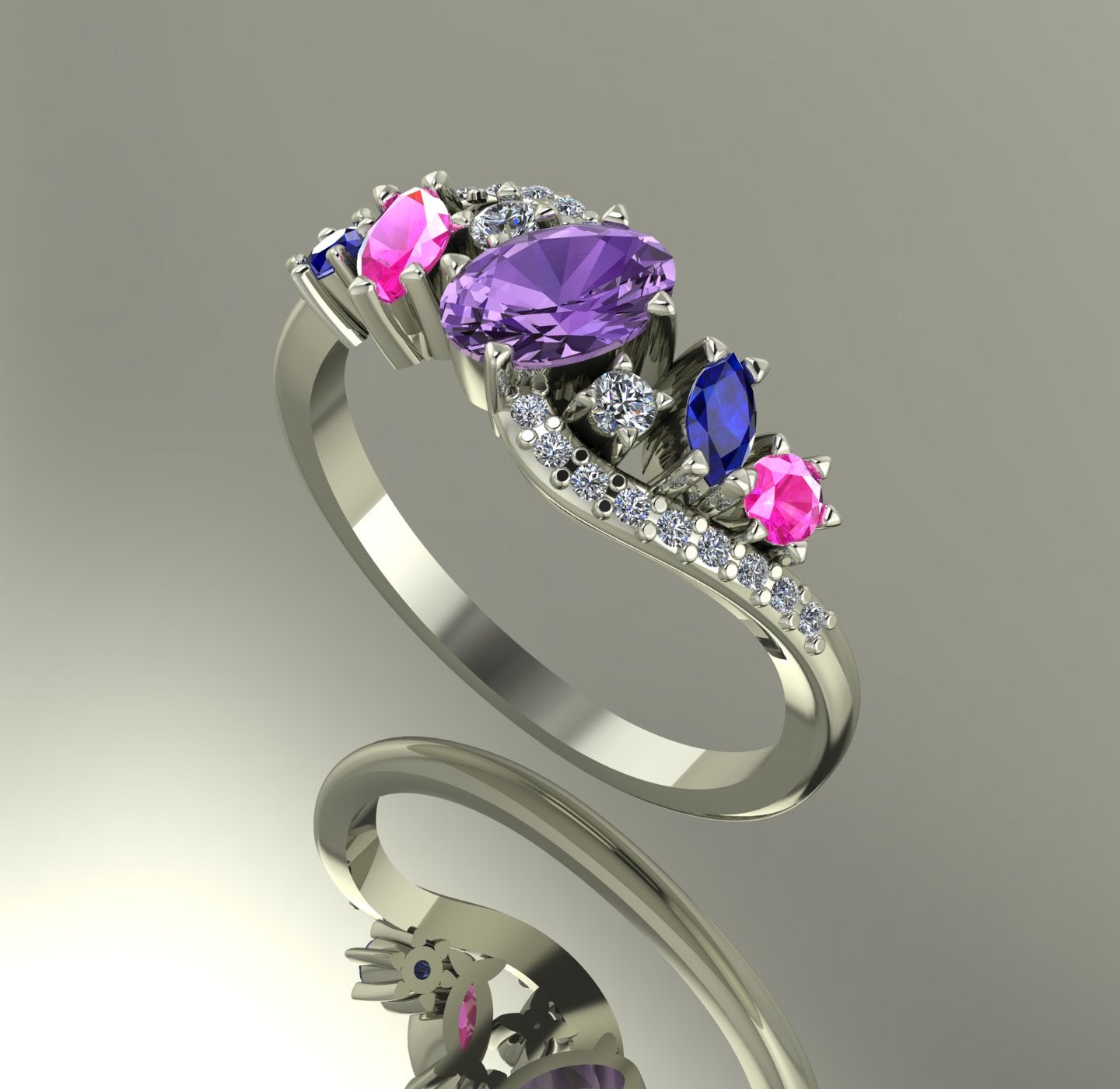Side profile of the 18ct white gold Atlantis Storm ring, showcasing the wave-inspired setting and multi-coloured sapphire cluster.