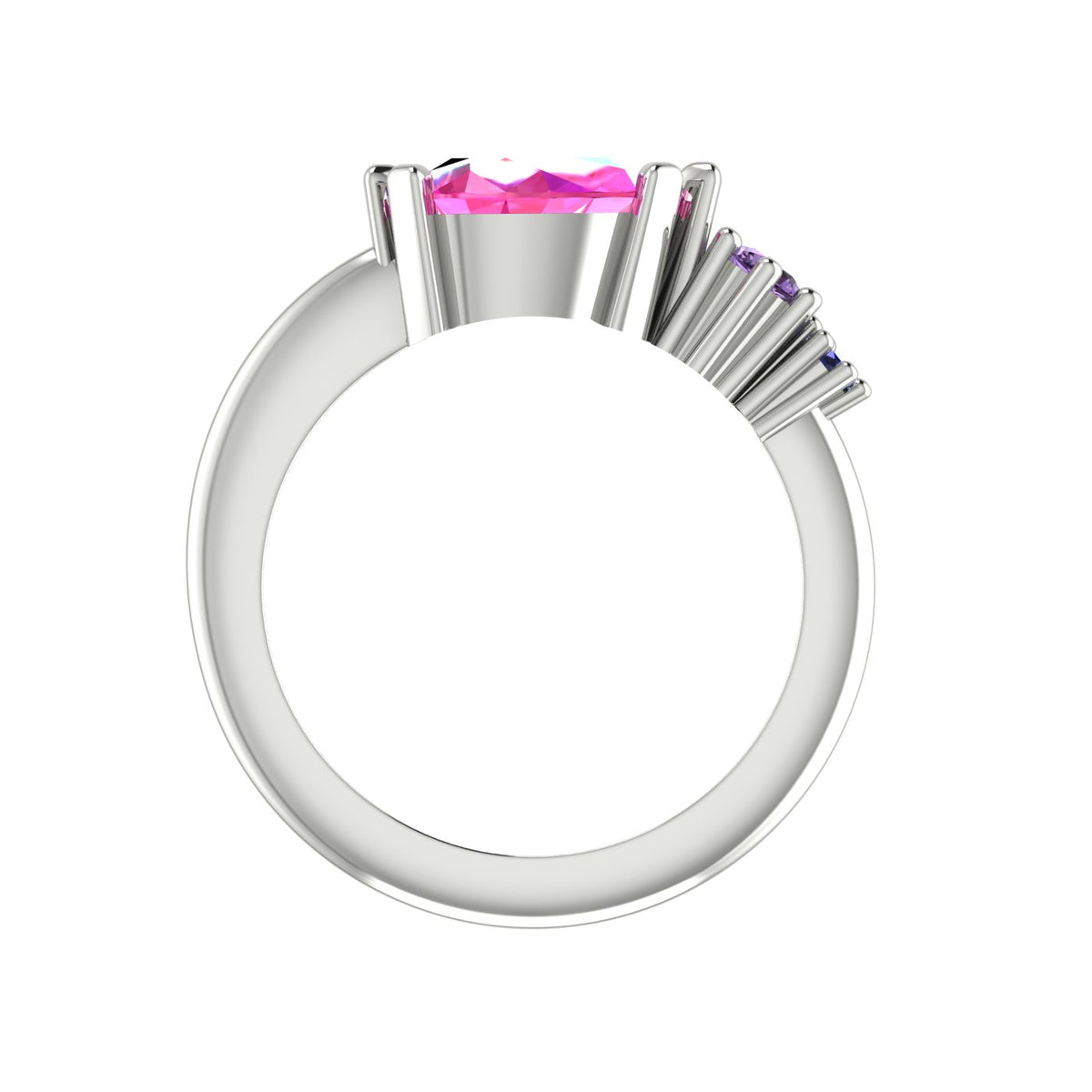 Pear shaped pink sapphire, violet sapphire and blue sapphire asymmetrical Comet engagement ring in 18ct white gold, front view showing stone setting detail