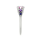 Pear shaped pink sapphire, violet sapphire and blue sapphire asymmetrical Comet engagement ring in 18ct white gold, side profile view showing asymmetric stone cascade