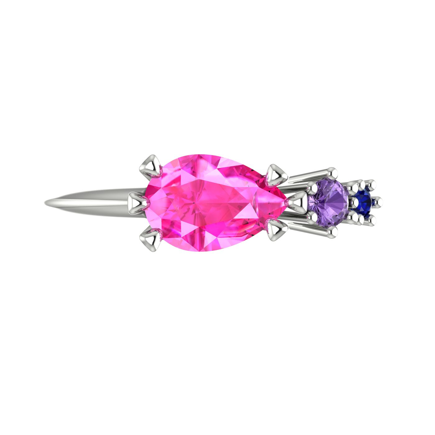 Pear shaped pink sapphire, violet sapphire and blue sapphire asymmetrical Comet engagement ring in 18ct white gold, top view showing east-west setting